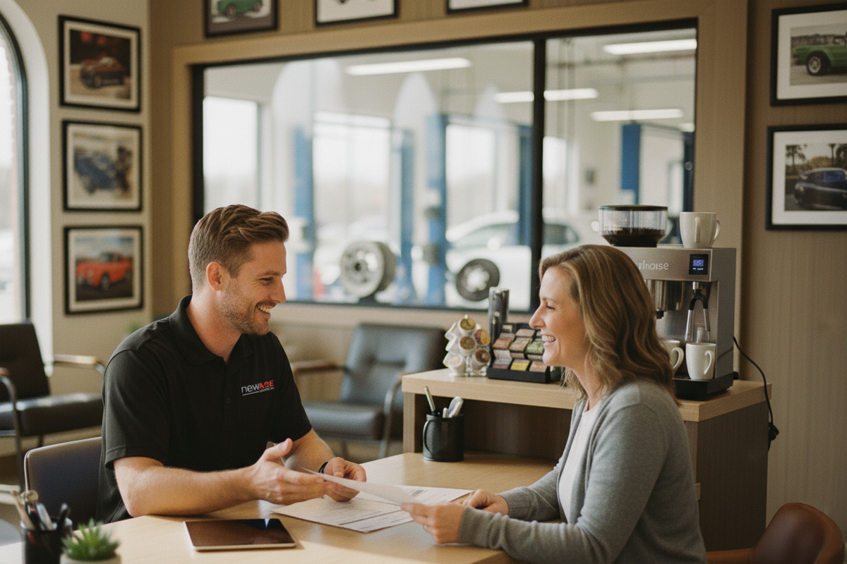 Service advisor explaining NAPA AutoCare warranty at New Age Motors Leduc